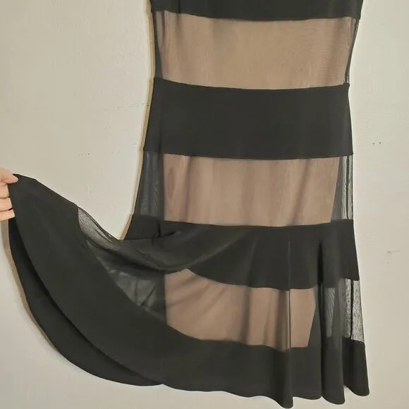 Joseph Ribkoff Nude Illusion Mesh Overlay Striped Dress Size 4 Black Cocktail