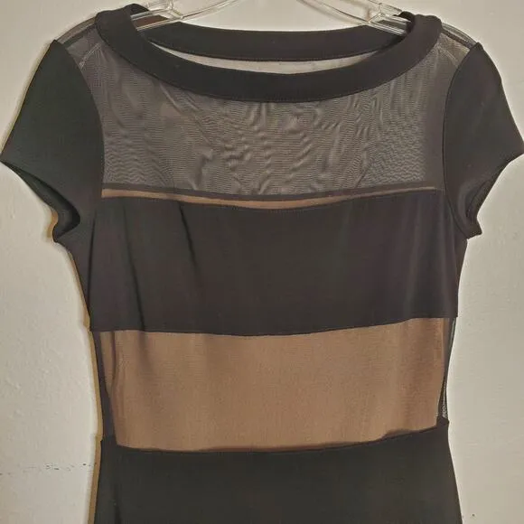 Joseph Ribkoff Nude Illusion Mesh Overlay Striped Dress Size 4 Black Cocktail