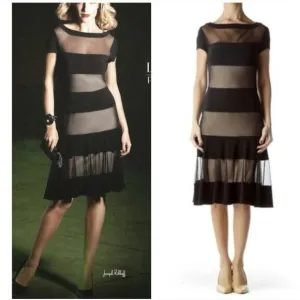 Joseph Ribkoff Nude Illusion Mesh Overlay Striped Dress Size 4 Black Cocktail