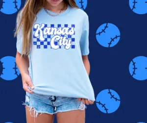Kansas City Blue Checkered Background Light Blue Graphic Tee