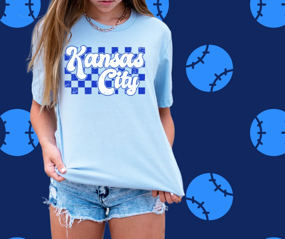 Kansas City Blue Checkered Background Light Blue Graphic Tee