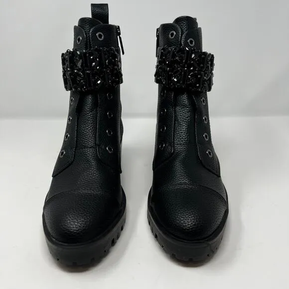 Karl Lagerfeld Boots Woman's 7.5M Black Payson Side Zip Jeweled Ankle Belt  NWOT