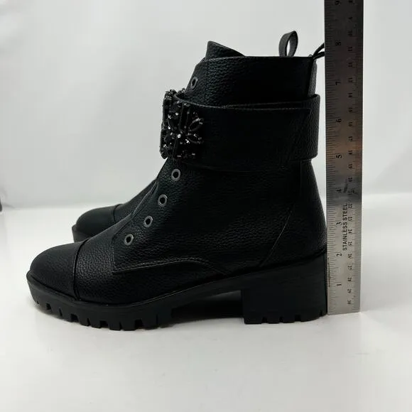 Karl Lagerfeld Boots Woman's 7.5M Black Payson Side Zip Jeweled Ankle Belt  NWOT