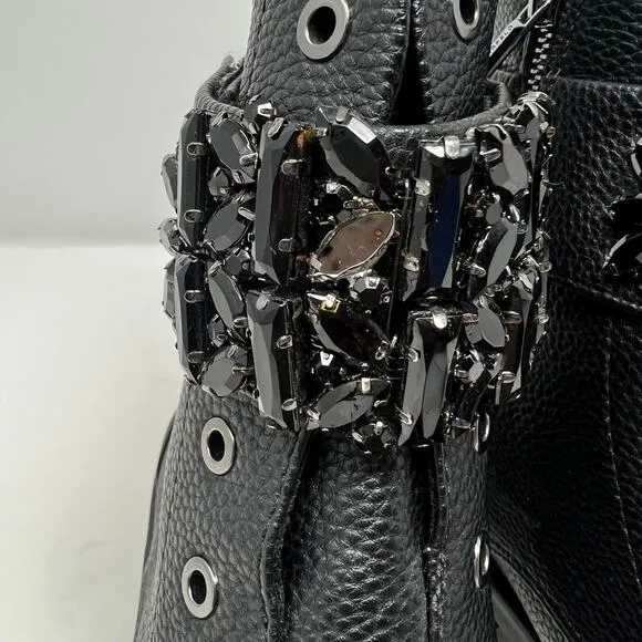 Karl Lagerfeld Boots Woman's 7.5M Black Payson Side Zip Jeweled Ankle Belt  NWOT