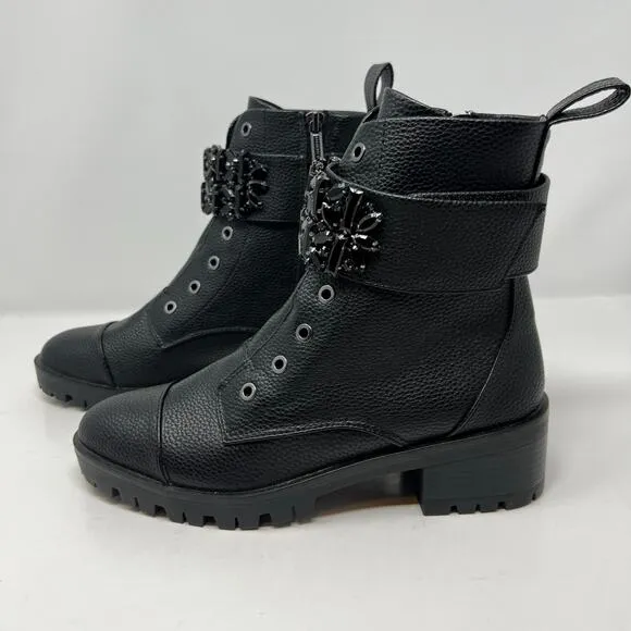 Karl Lagerfeld Boots Woman's 7.5M Black Payson Side Zip Jeweled Ankle Belt  NWOT