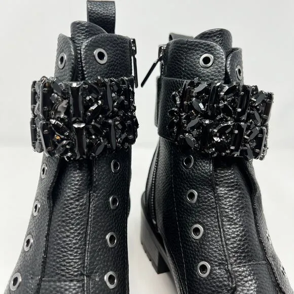 Karl Lagerfeld Boots Woman's 7.5M Black Payson Side Zip Jeweled Ankle Belt  NWOT
