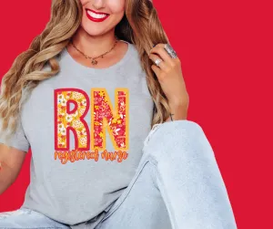 KC Colors Faux Embroidered RN Floral Letters Grey Tee
