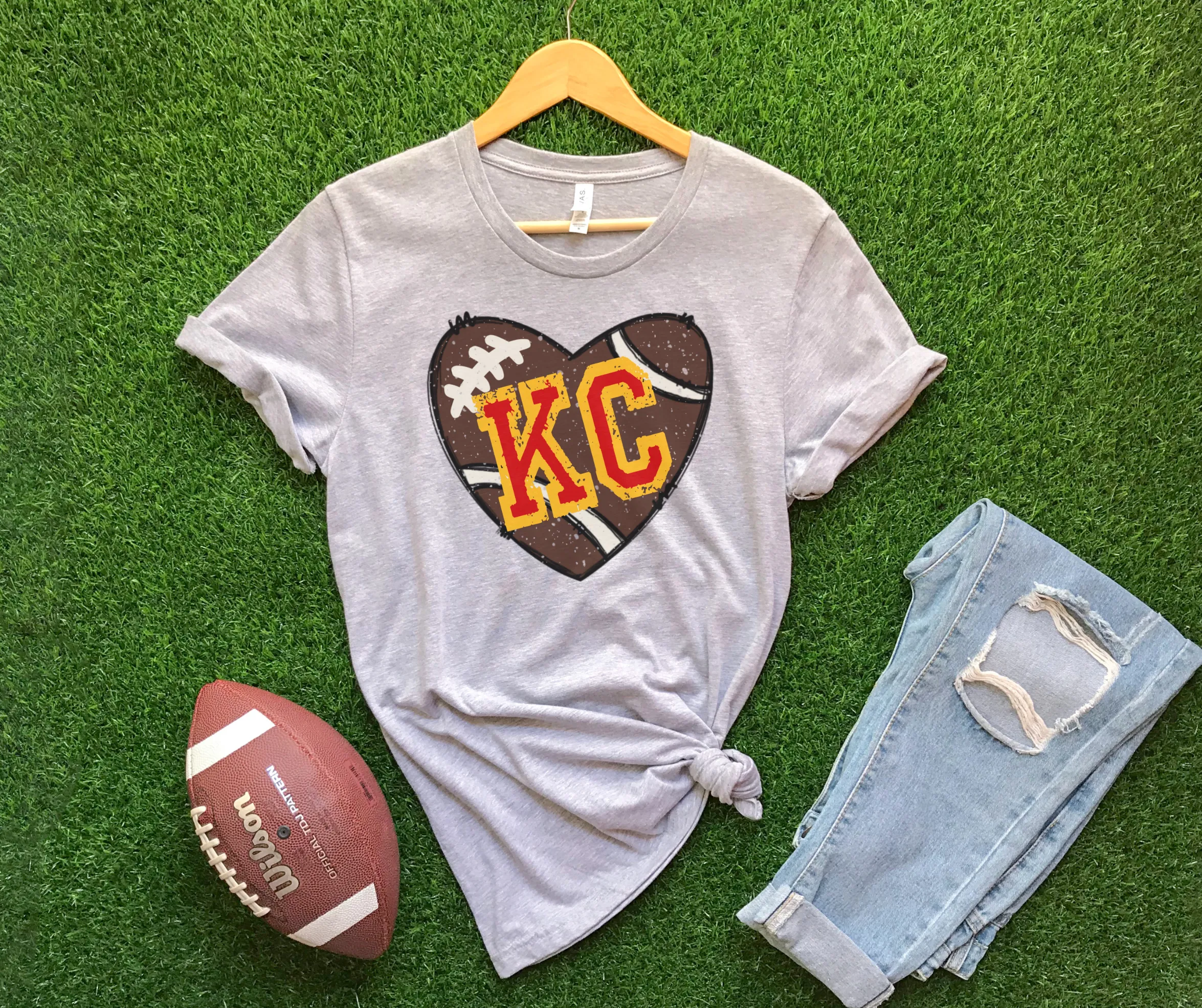 KC Football Heart Grey Graphic Tee