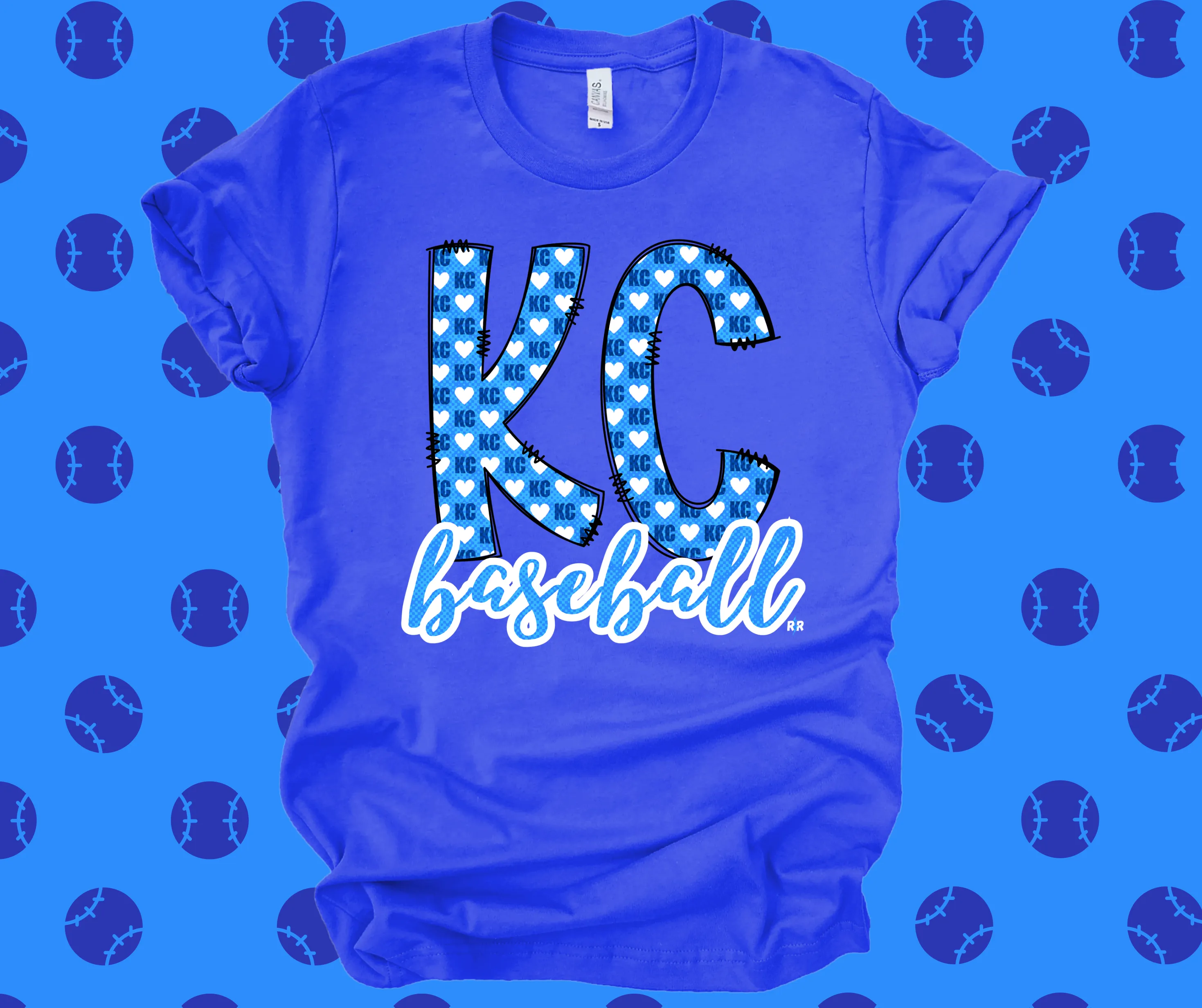 KC Heart Pattern in Doodle Letters Royal Blue Graphic Tee