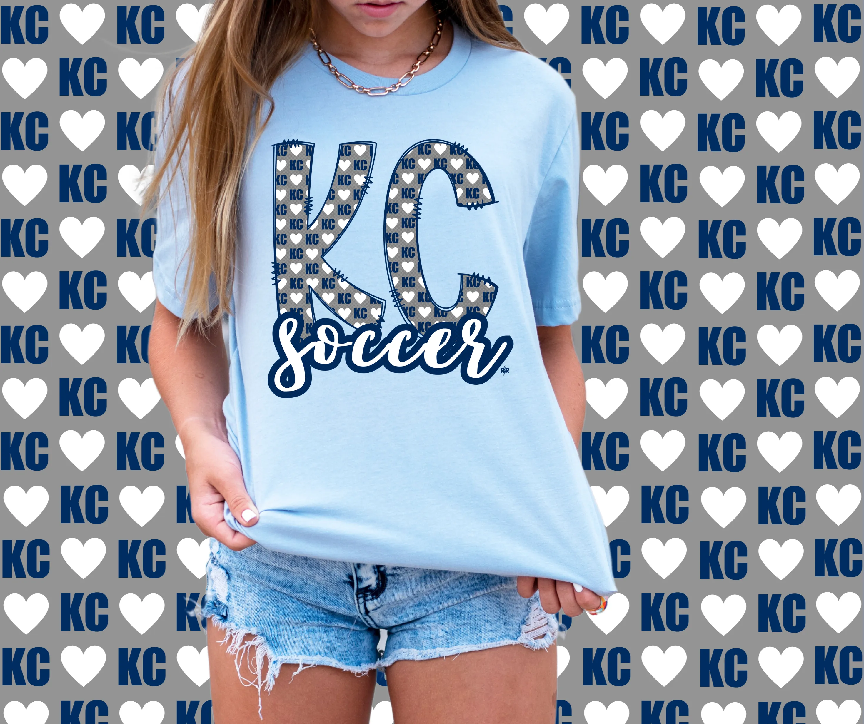 KC Soccer Heart Pattern Doddle Letters Light Blue Tee