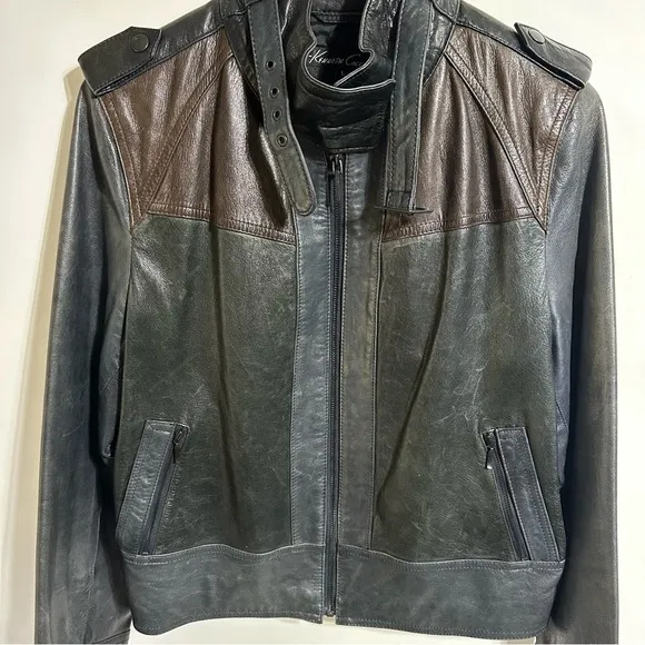 Kenneth Cole genuine leather brown gray black colorblock cropped moto jacket