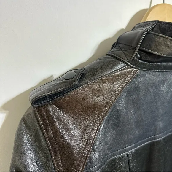 Kenneth Cole genuine leather brown gray black colorblock cropped moto jacket