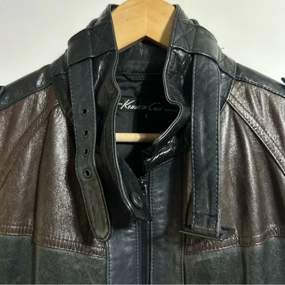Kenneth Cole genuine leather brown gray black colorblock cropped moto jacket