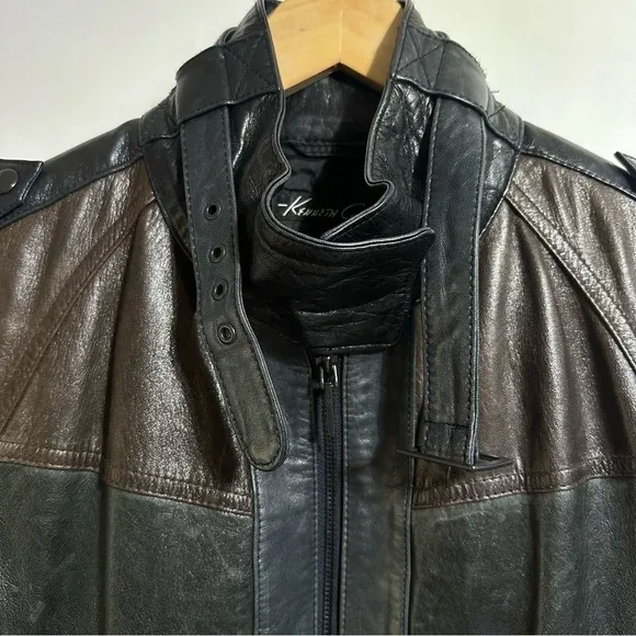 Kenneth Cole genuine leather brown gray black colorblock cropped moto jacket