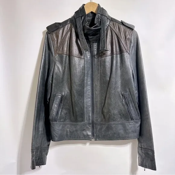 Kenneth Cole genuine leather brown gray black colorblock cropped moto jacket