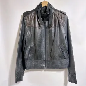 Kenneth Cole genuine leather brown gray black colorblock cropped moto jacket