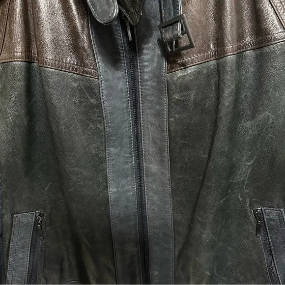 Kenneth Cole genuine leather brown gray black colorblock cropped moto jacket
