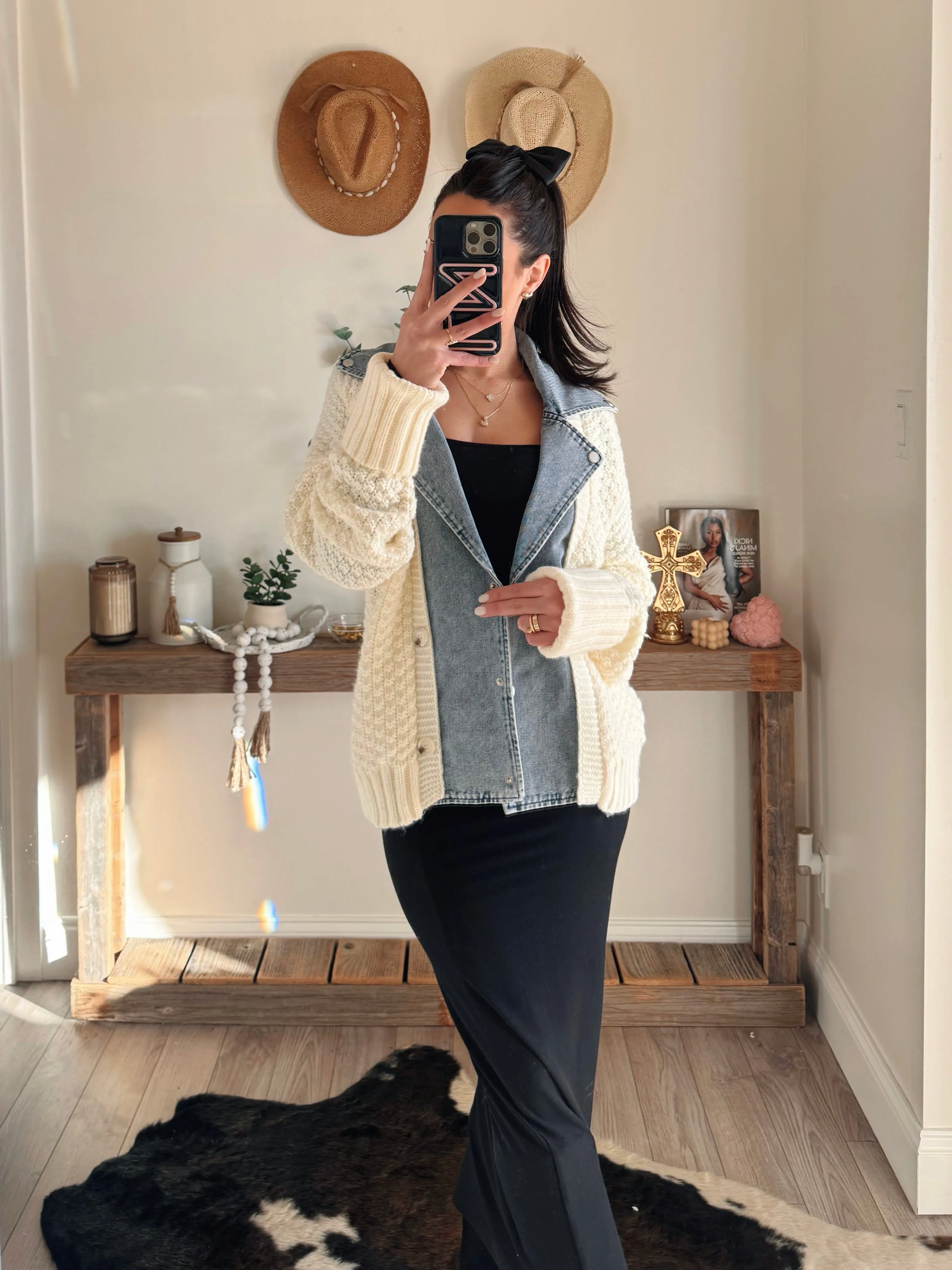 Knitted Cardigan With Denim Detail