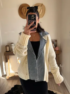 Knitted Cardigan With Denim Detail