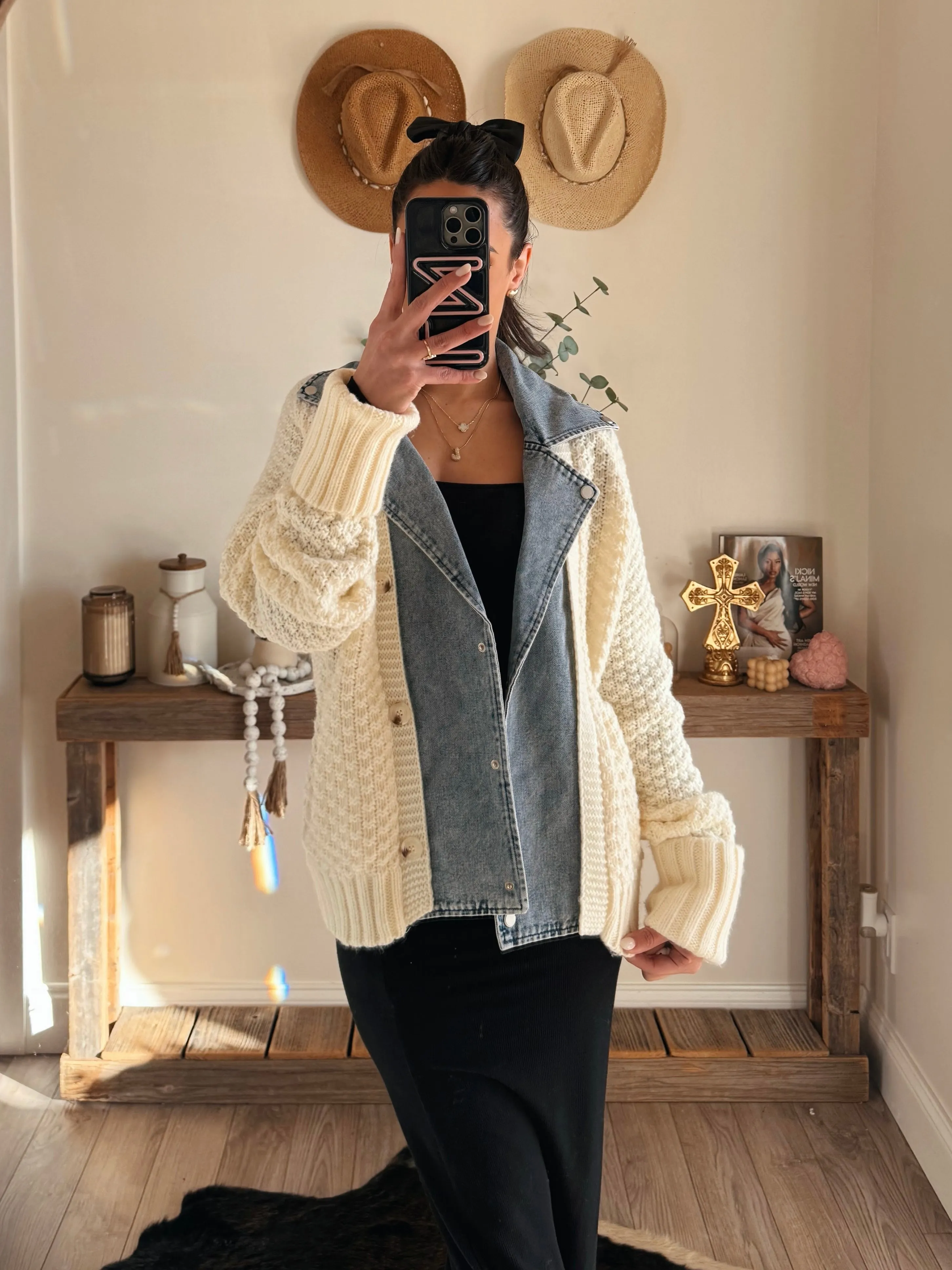 Knitted Cardigan With Denim Detail