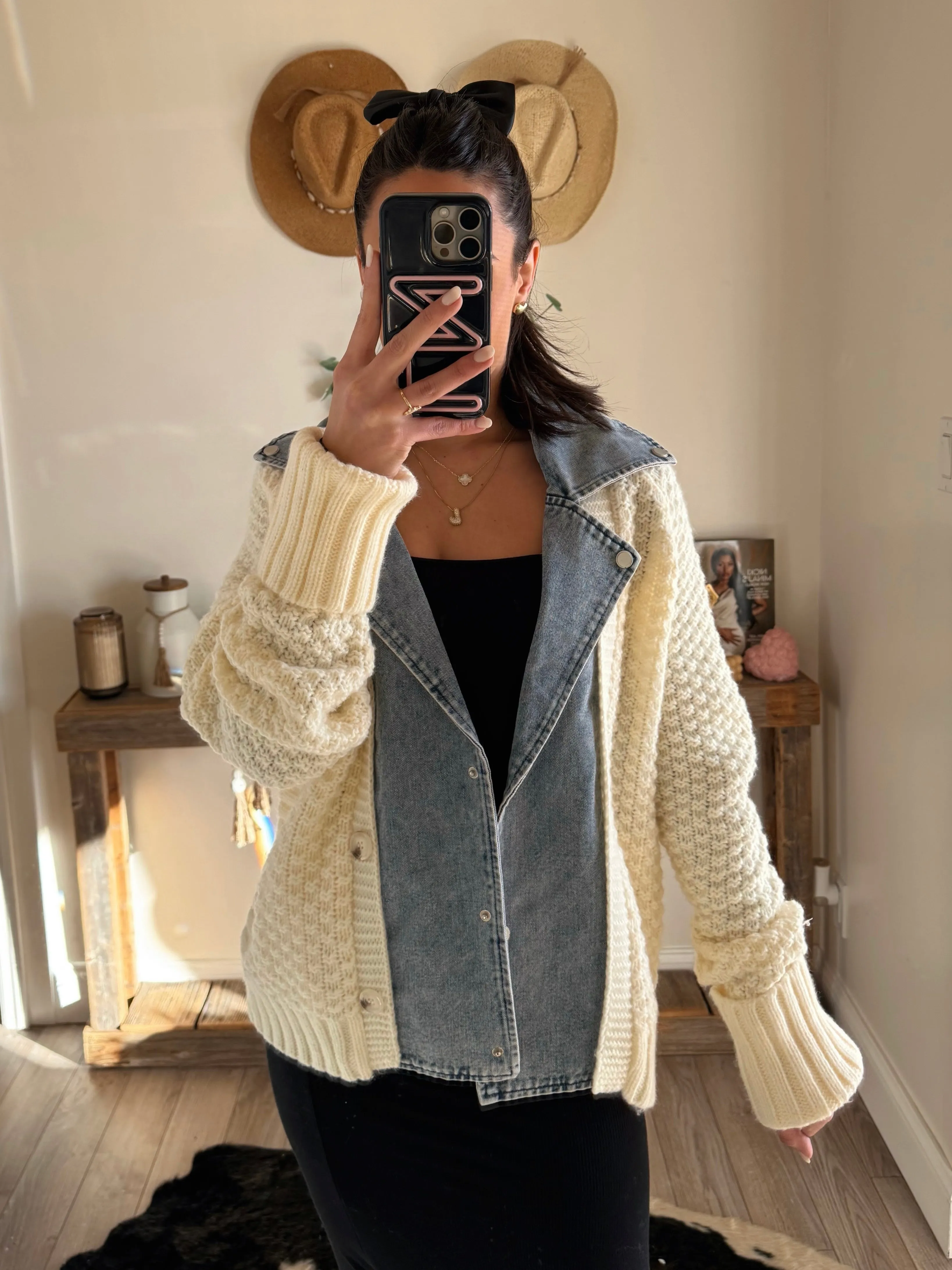 Knitted Cardigan With Denim Detail