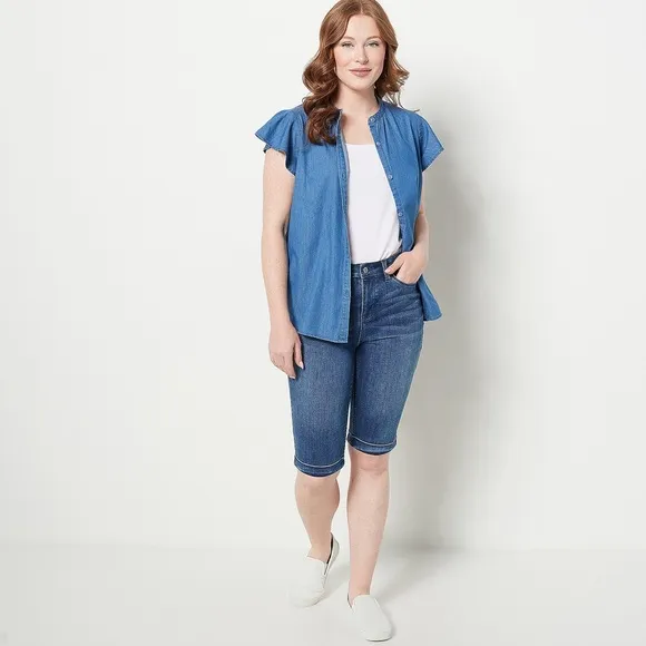 Laurie Felt Sz 16 Petite Daisy Denim Knee Grazer MEDIUM WASH