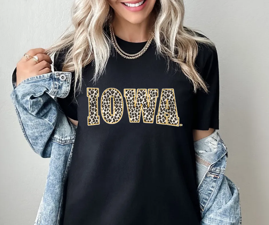 Leopard Iowa Block Letters Black Tee