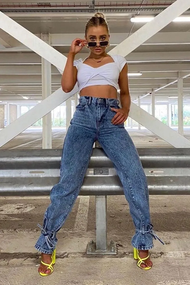 Light Blue Ankle Tie Straight Leg Jeans - Jasmine