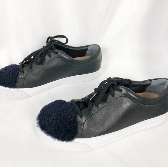 Loeffler Randall Logan Low Top Leather Shearling Sneakers Black Blue Casual