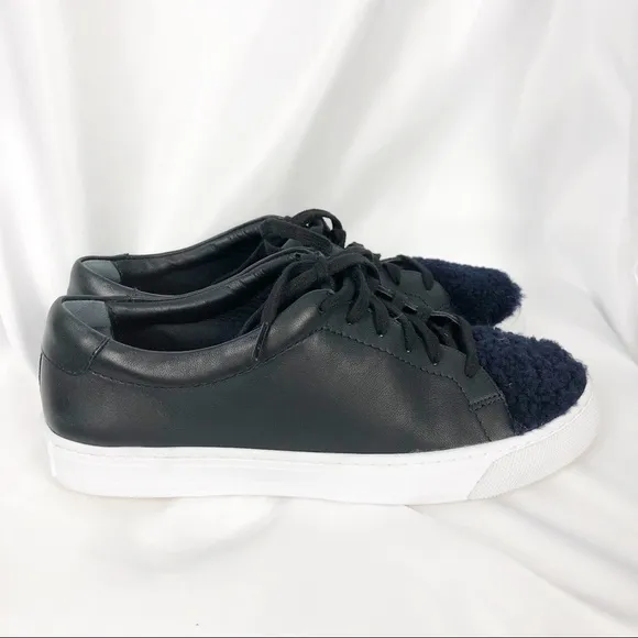 Loeffler Randall Logan Low Top Leather Shearling Sneakers Black Blue Casual