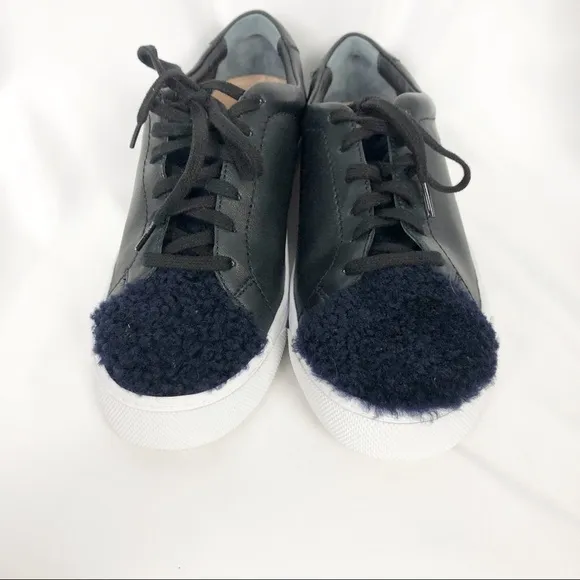 Loeffler Randall Logan Low Top Leather Shearling Sneakers Black Blue Casual