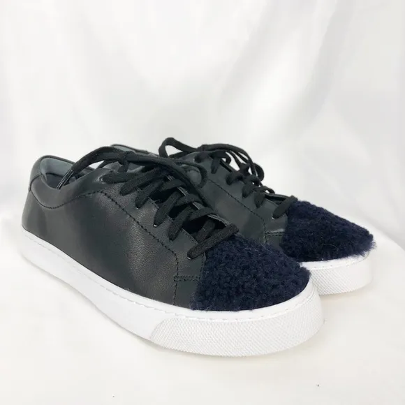 Loeffler Randall Logan Low Top Leather Shearling Sneakers Black Blue Casual