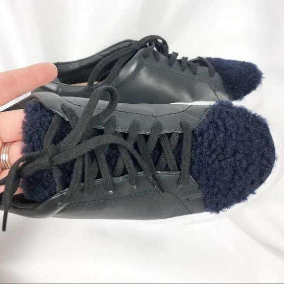 Loeffler Randall Logan Low Top Leather Shearling Sneakers Black Blue Casual