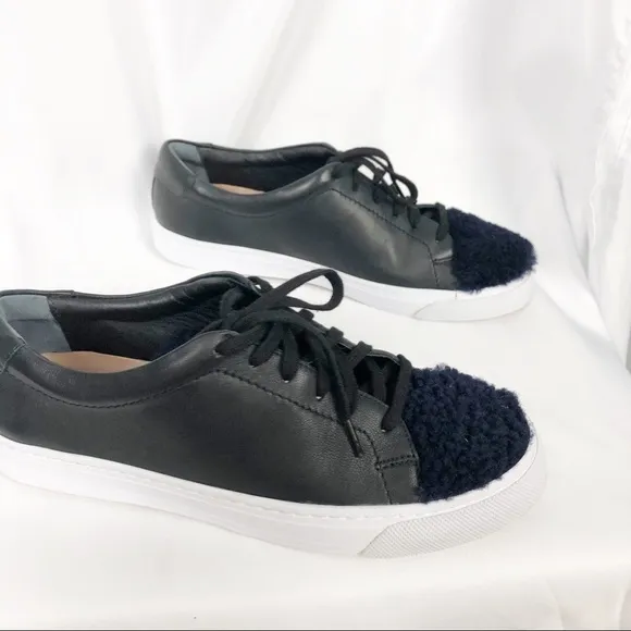Loeffler Randall Logan Low Top Leather Shearling Sneakers Black Blue Casual