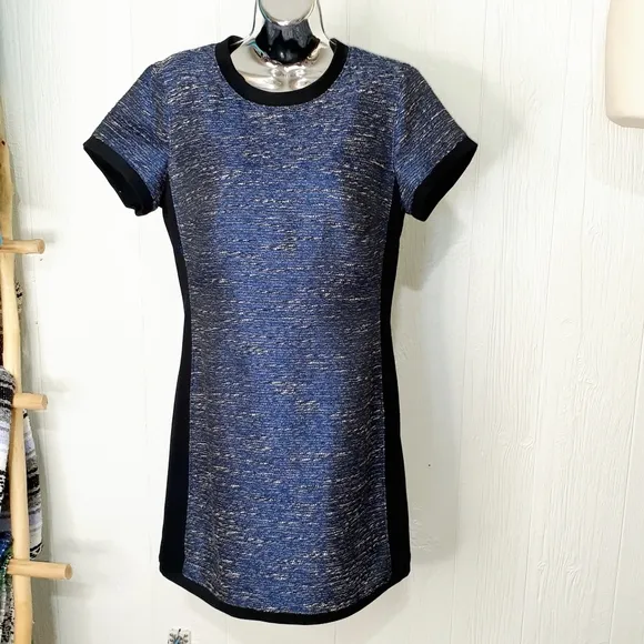 MADEWELL Shimmerweave Blue &amp; Black Colorblock Short Sleeve Sheath Minidress