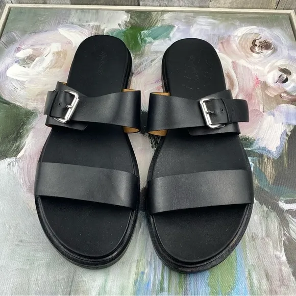Madewell The Dee Double-Strap Slide Sandal in Black Size 9.