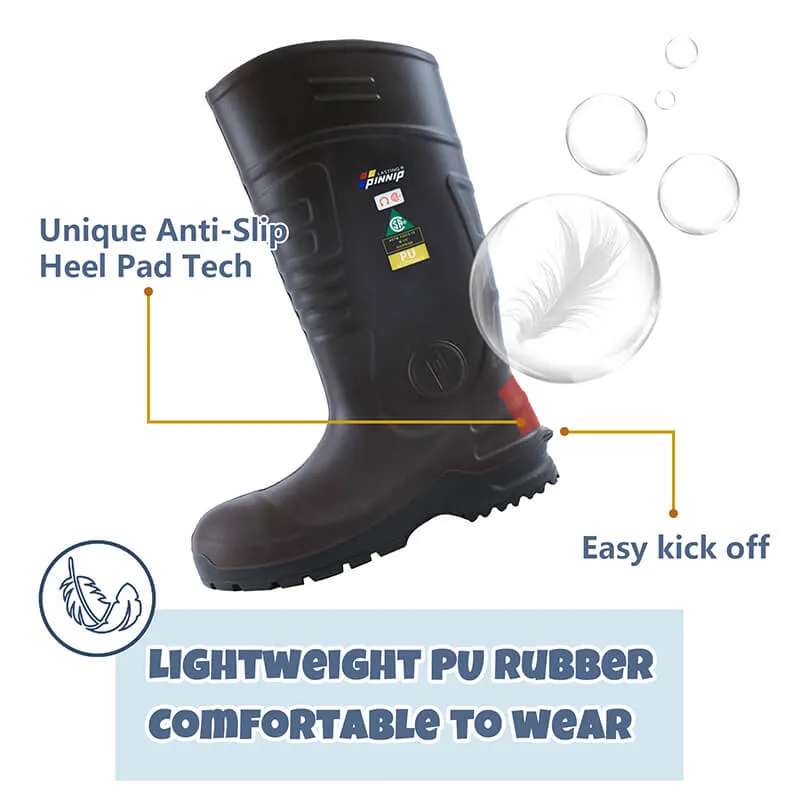 Men's CSA Approved Safety Boots - Waterproof PU Steel Toe Rubber Boots ASTM F2413-18 Acid & Oil Resistant-Brown