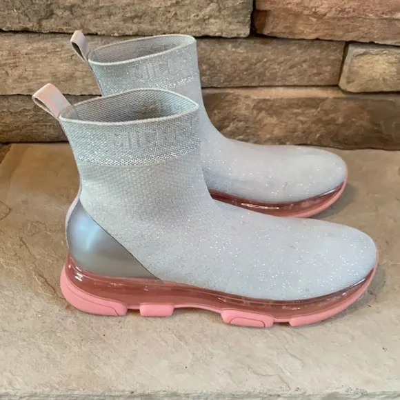 Michael Kors Kendra stretch knit sock boot in silver with pink bottoms. Sz 7-8.5