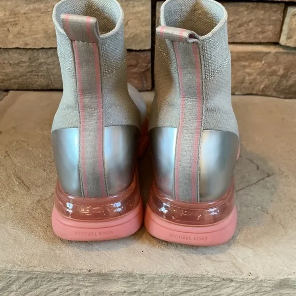 Michael Kors Kendra stretch knit sock boot in silver with pink bottoms. Sz 7-8.5