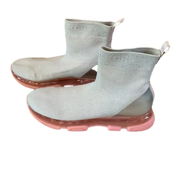 Michael Kors Kendra stretch knit sock boot in silver with pink bottoms. Sz 7-8.5