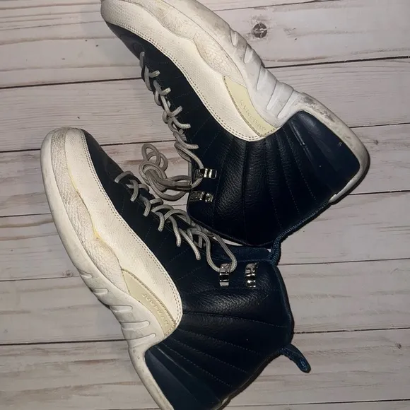 Navy and White Jordan 12  Sneakers