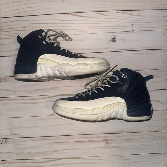 Navy and White Jordan 12  Sneakers