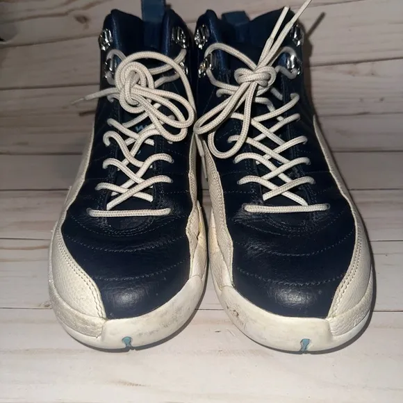 Navy and White Jordan 12  Sneakers