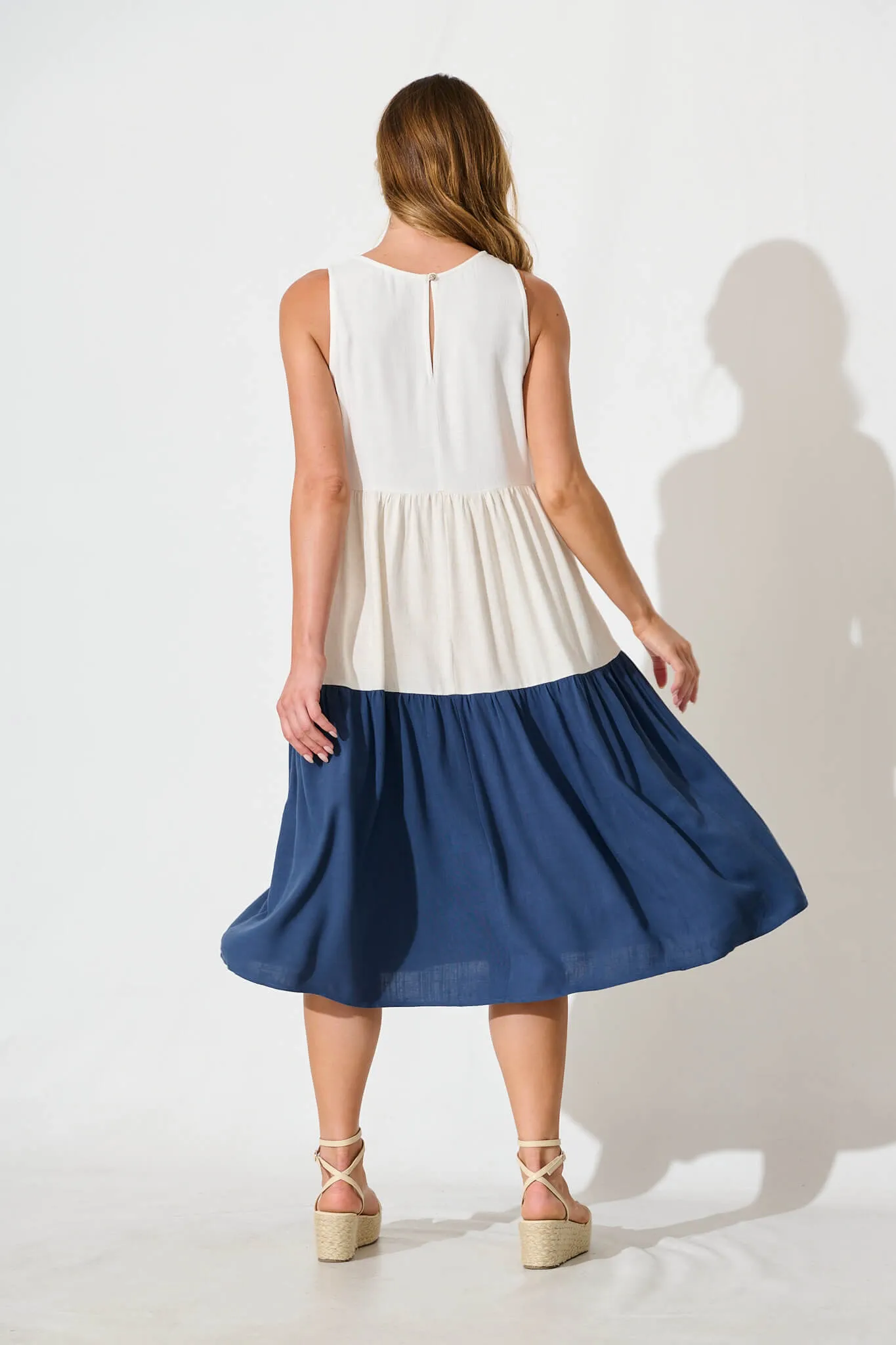 Navy Colorblock Linen Midi Dress
