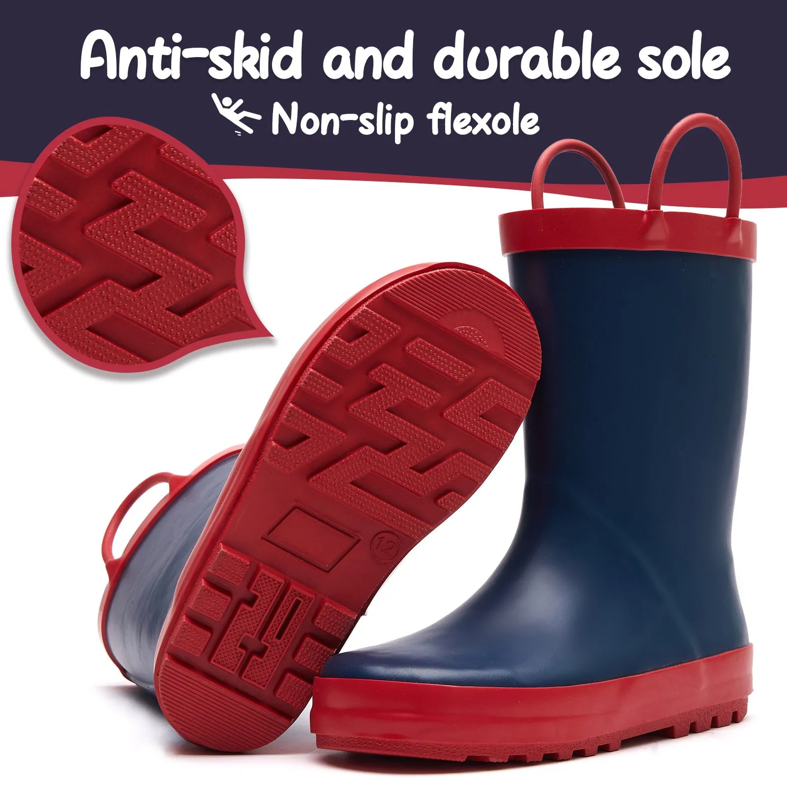 Navy Kids Rain Boots with Red Handles