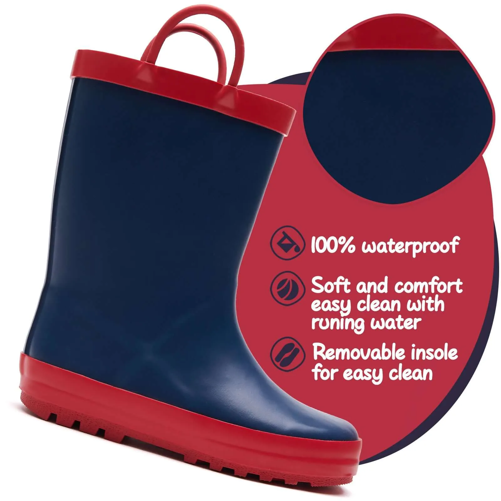 Navy Kids Rain Boots with Red Handles