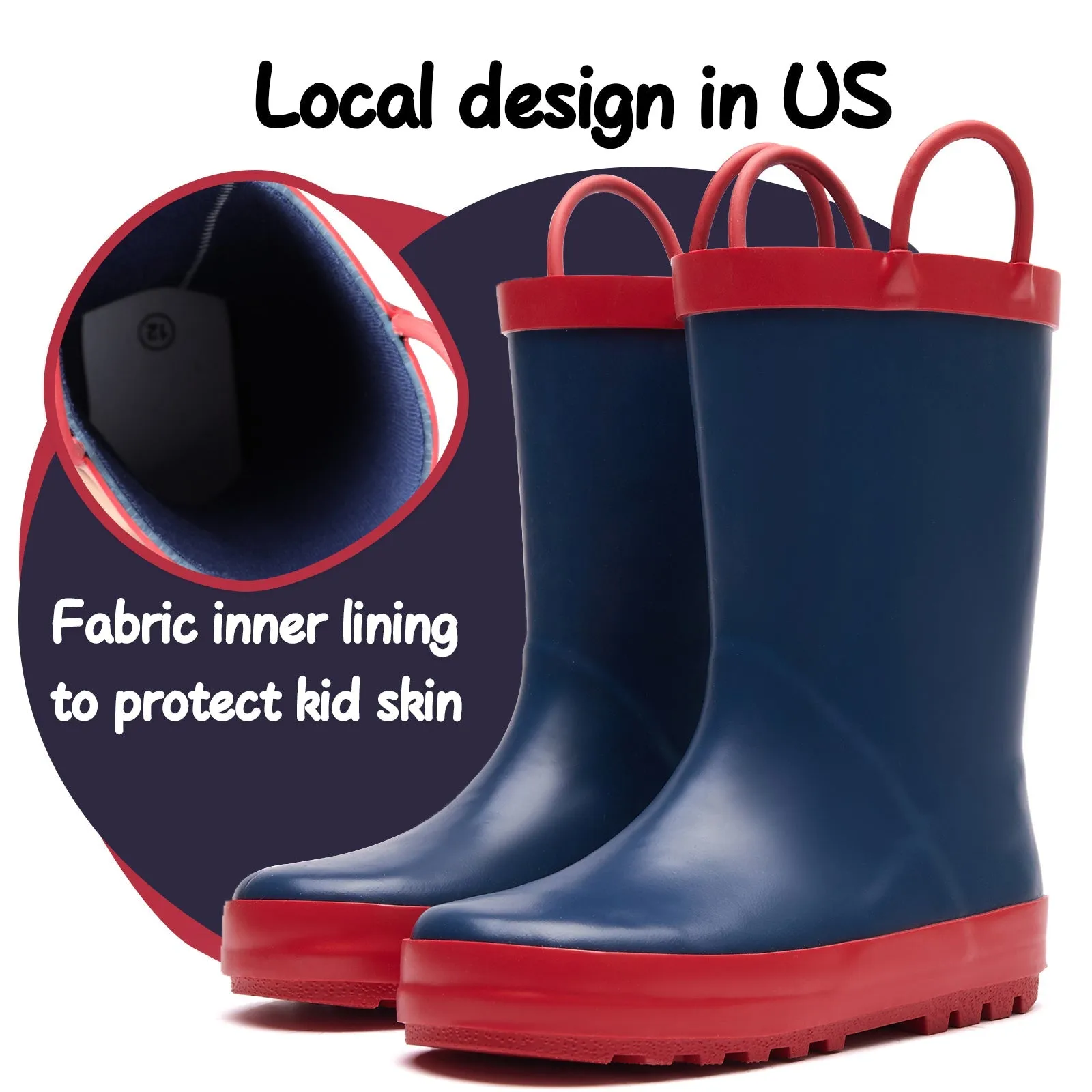 Navy Kids Rain Boots with Red Handles