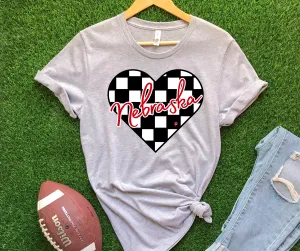Nebraska Checkered Heart Grey Tee