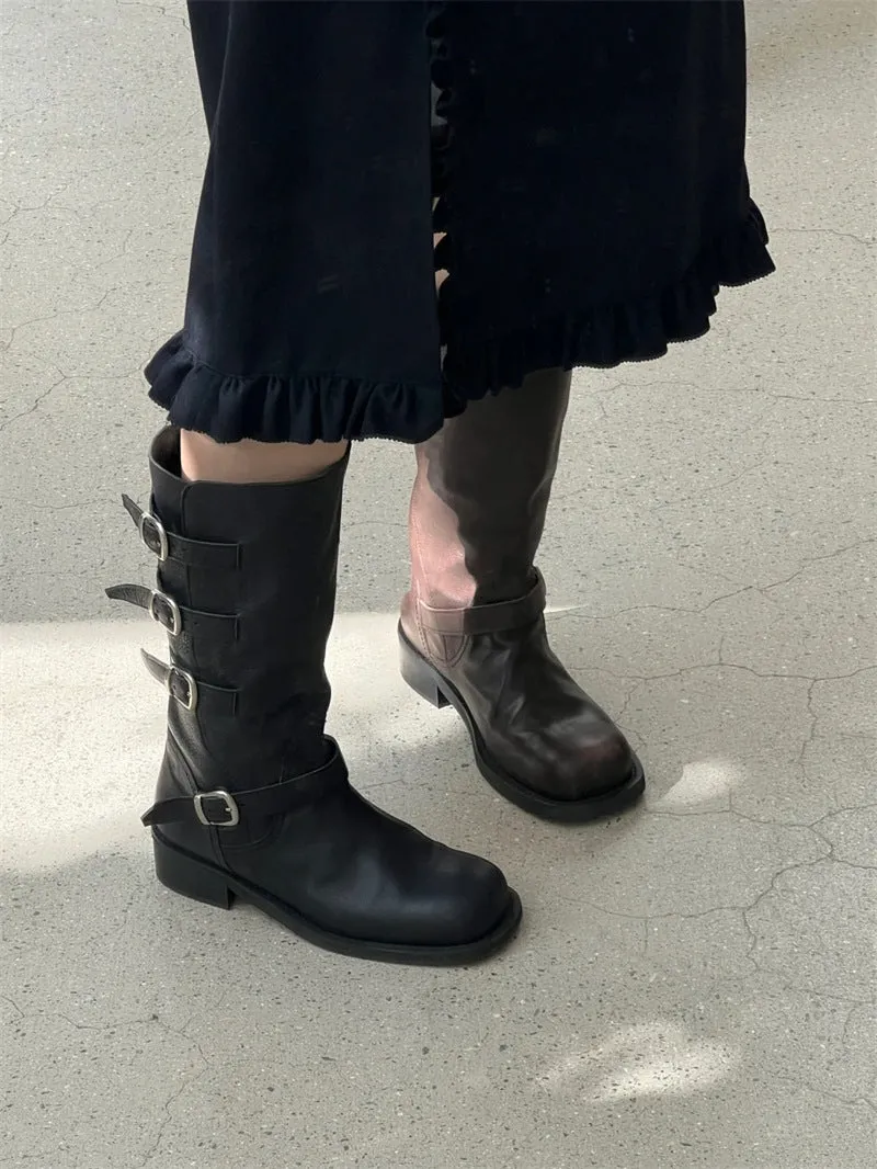 NEW & INSTOCK  - Korean Leather Buckle Up Martin Boots