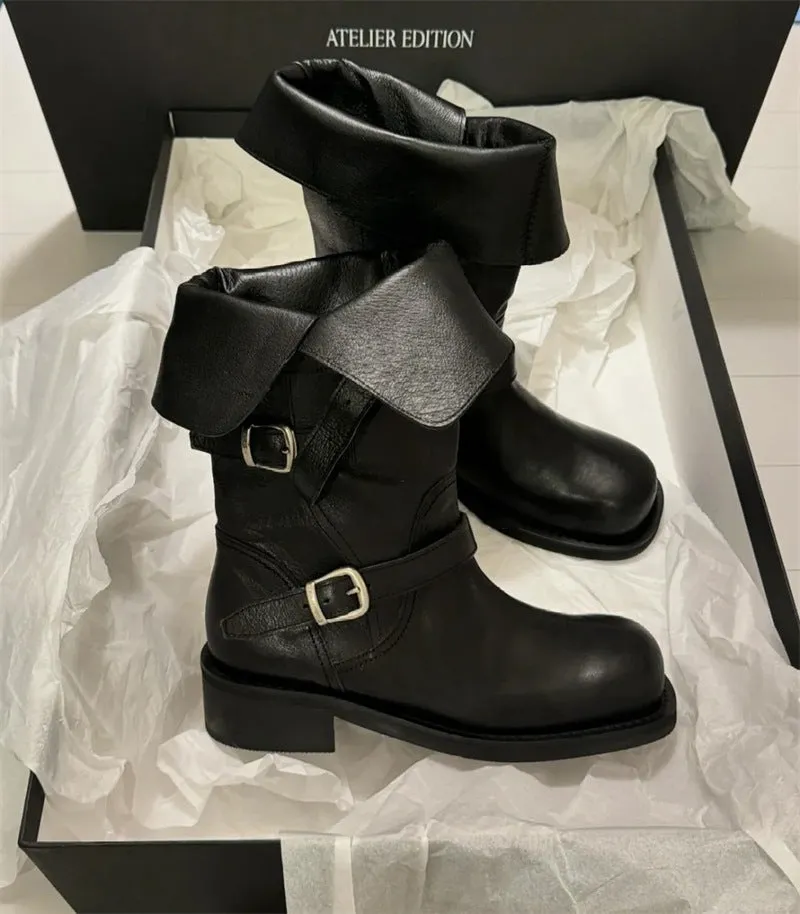 NEW & INSTOCK  - Korean Leather Buckle Up Martin Boots